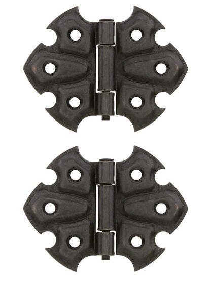 Pair of Ornamental Flush Mount Cabinet Hinges - 1 7/8 inch H x 2 1/2 inch W in Oil Rubbed Bronze.